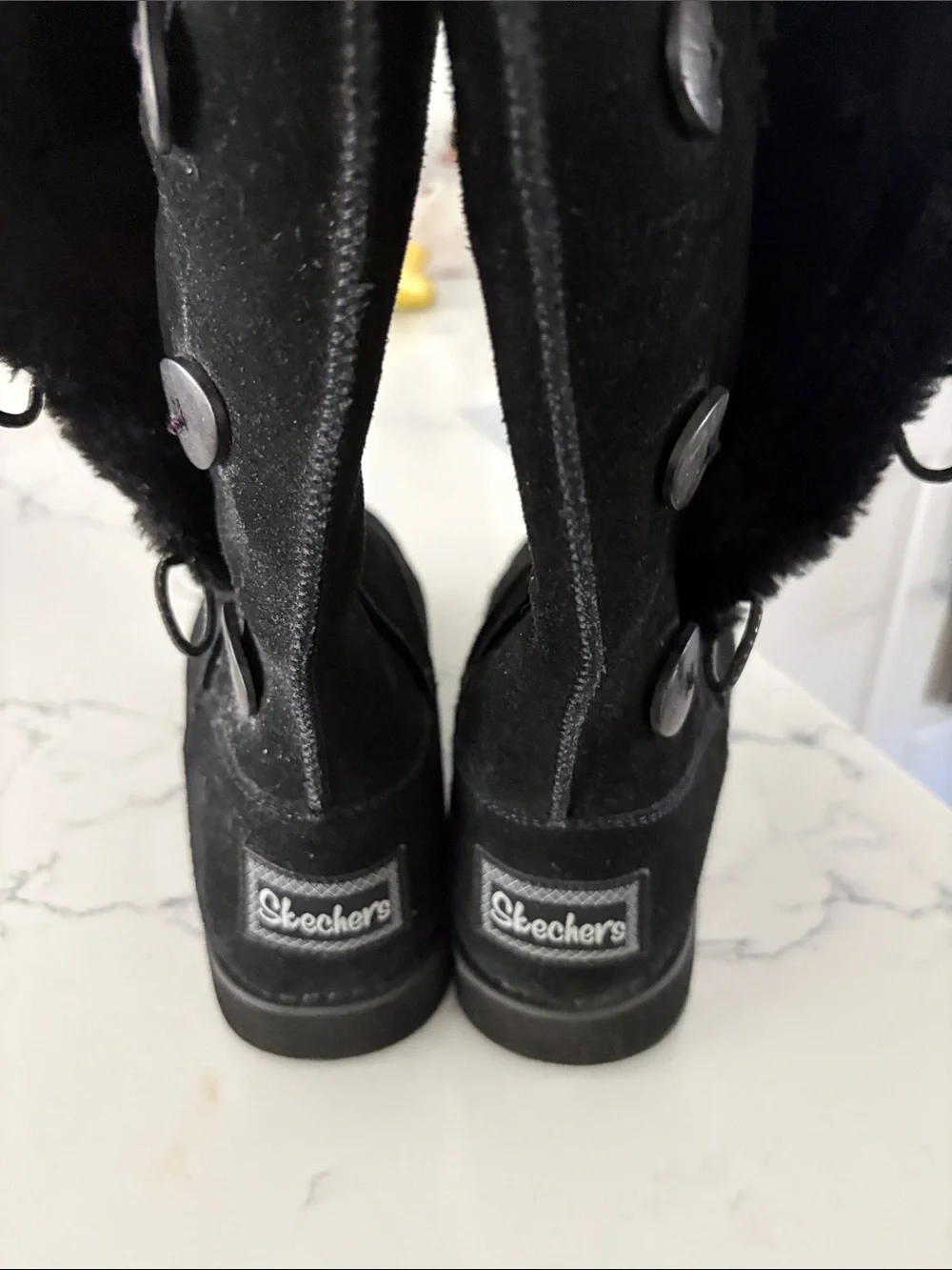 Skechers Black Over-The-Knee Faux Suede Boots with Fur Trim